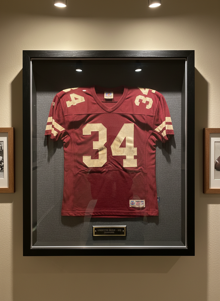 A carefully framed vintage football jersey, preserved behind ultra-clear glass in a deep shadow-box frame with a matte black exterior and a subtle brushed steel inner edge. The jersey is crisply mounted on a textured charcoal backing, with folded fabric details visible and lifelike. Around it, on a soft beige wall, hang a few other sports memorabilia frames slightly out of focus, suggesting a curated collection of memories. Warm gallery-style track lighting from above creates dramatic but gentle highlights on the glass without harsh reflections, emphasizing depth and protection. Photographic realism, shot straight-on at eye level, with balanced composition and ample negative space, conveying respect, nostalgia, and the idea of framing priceless personal victories for a lifetime.